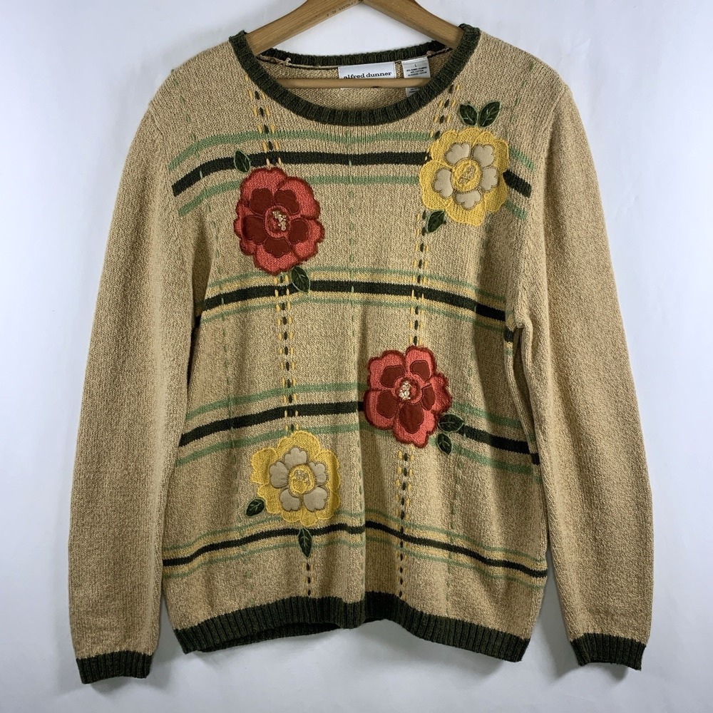 Womens Y2K Cottage Floral Plaid Embroidered Sweater Large Grandma Teacher Folk